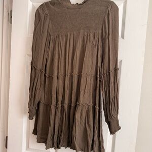 Olivaceous Long Sleeve Tiered Smocked Yoke Dress in Olive Brown